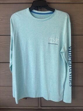 Vineyard Vines Performance Heathered Light Aqua Long Sleeve Whale Tee